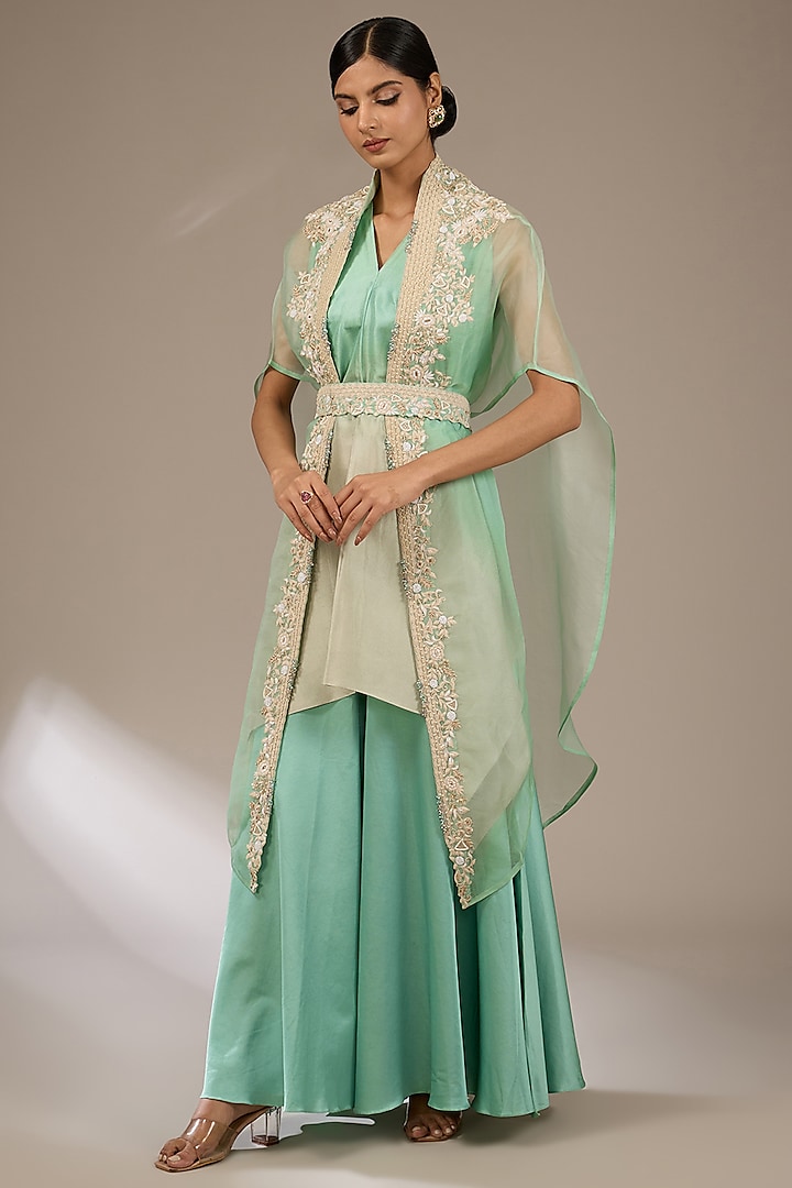 Aqua Blue Organza Resham Work Cape Set by Prisho at Pernia's Pop Up Shop