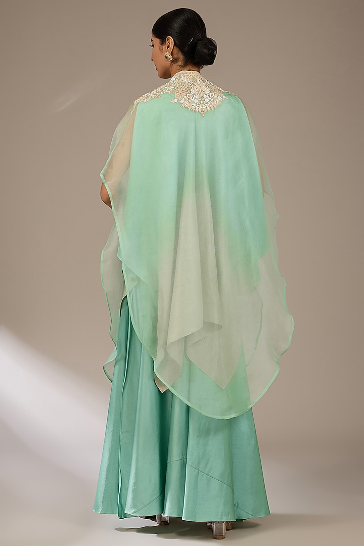 Aqua Blue Organza Resham Work Cape Set by Prisho at Pernia's Pop Up Shop