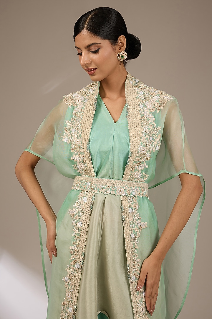 Aqua Blue Organza Resham Work Cape Set by Prisho at Pernia's Pop Up Shop