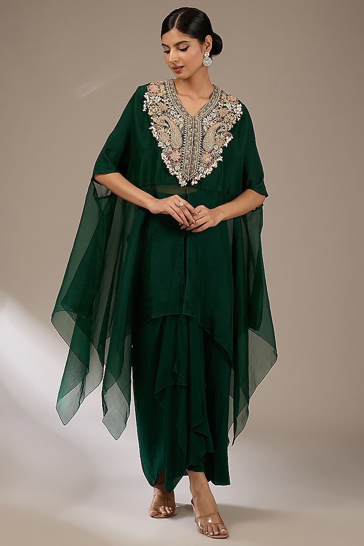 Bottle Green Organza Dori Work Kaftan Set by Prisho at Pernia's Pop Up Shop