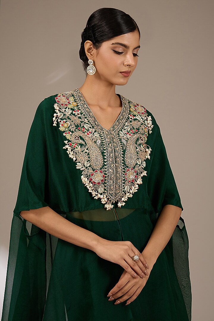 Bottle Green Organza Dori Work Kaftan Set by Prisho at Pernia's Pop Up Shop