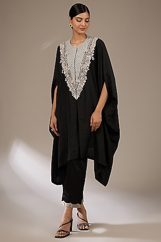 Black Habutai Silk Resham Work Kaftan Set by Prisho