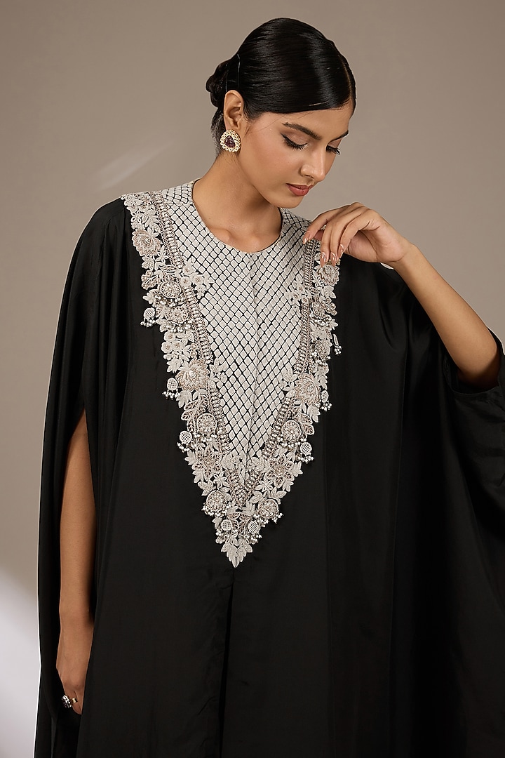 Black Habutai Silk Resham Work Kaftan Set by Prisho at Pernia's Pop Up Shop