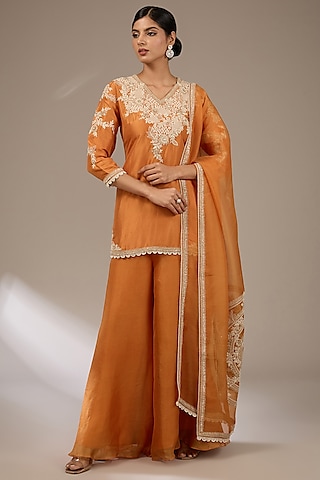 Rust Silk Resham & Dori Work Kurta Set by Prisho