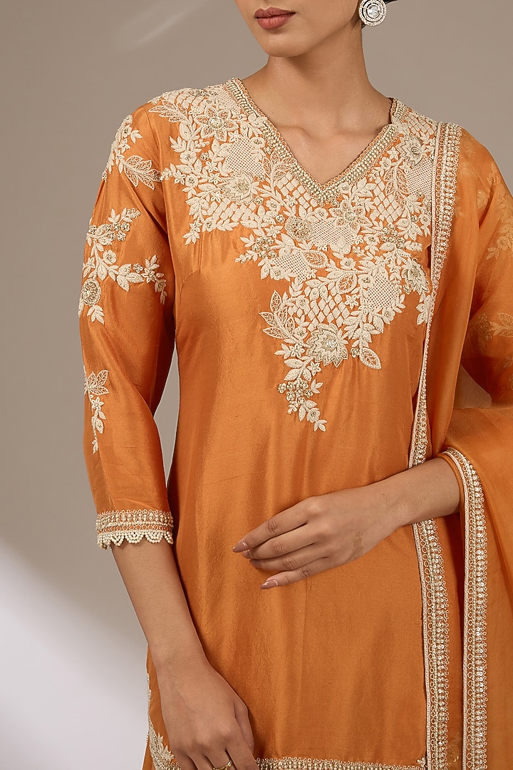 Rust Silk Resham & Dori Work Kurta Set by Prisho at Pernia's Pop Up Shop