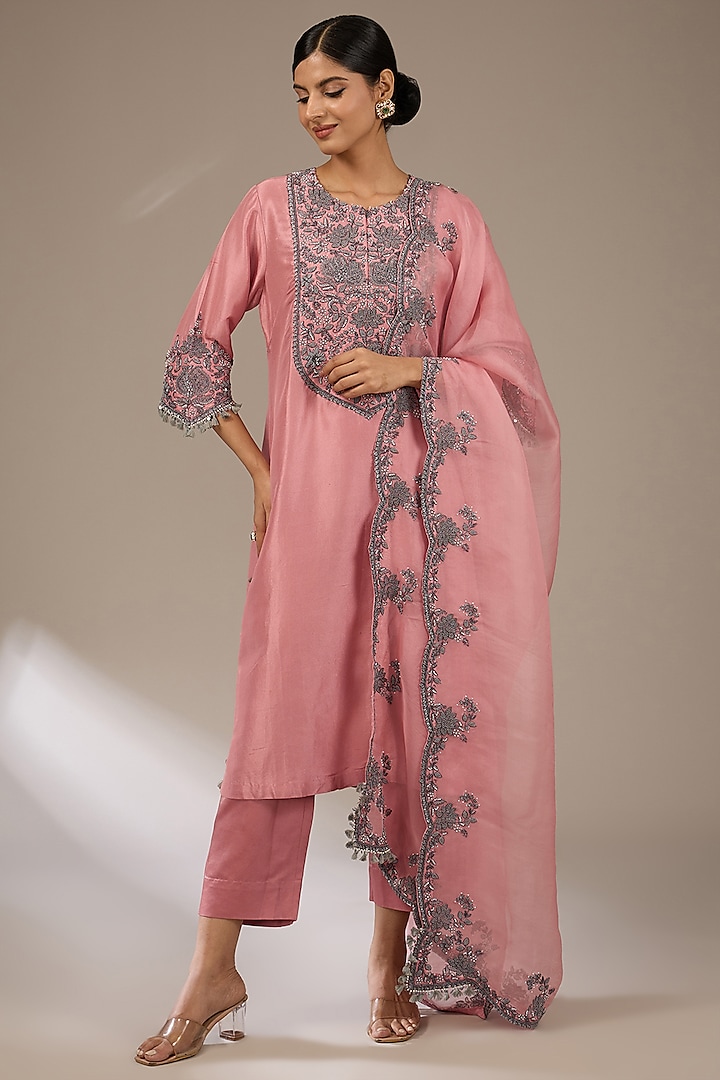 Flamingo Pink Antique Work Kurta Set by Prisho at Pernia's Pop Up Shop