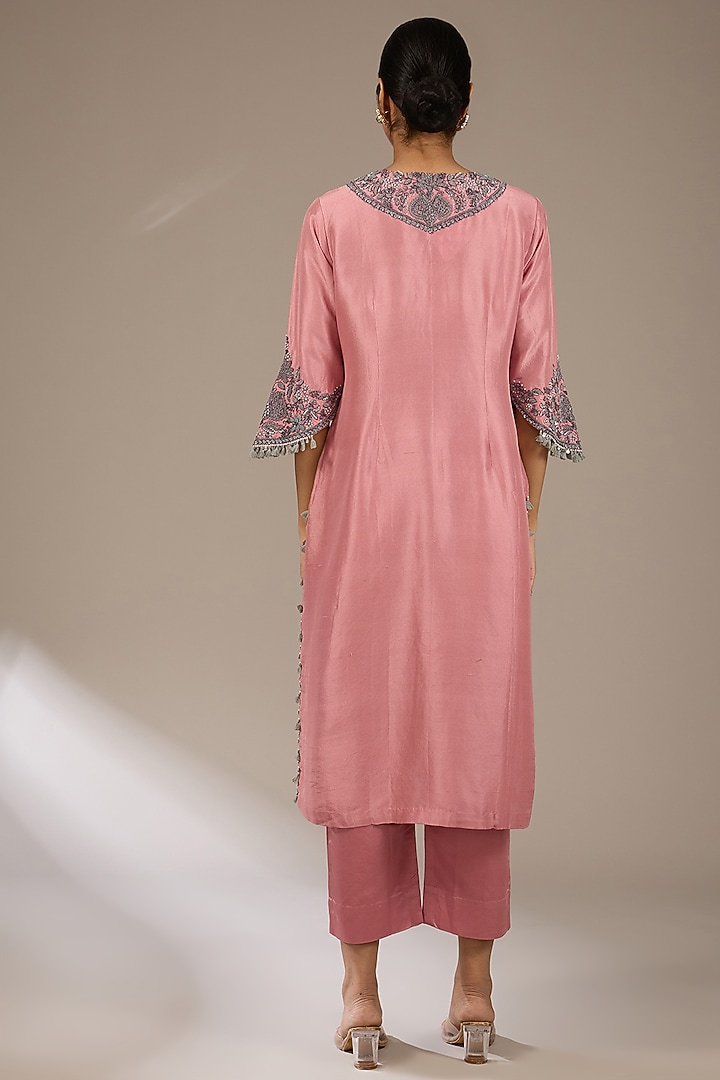 Flamingo Pink Antique Work Kurta Set by Prisho at Pernia's Pop Up Shop