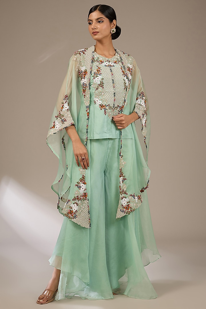 Aqua Silk Thread Work Jacket Set by Prisho at Pernia's Pop Up Shop