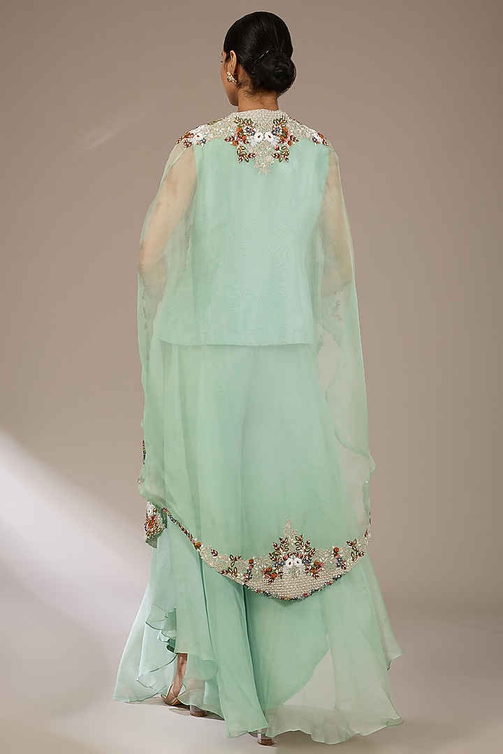 Aqua Silk Thread Work Jacket Set by Prisho at Pernia's Pop Up Shop