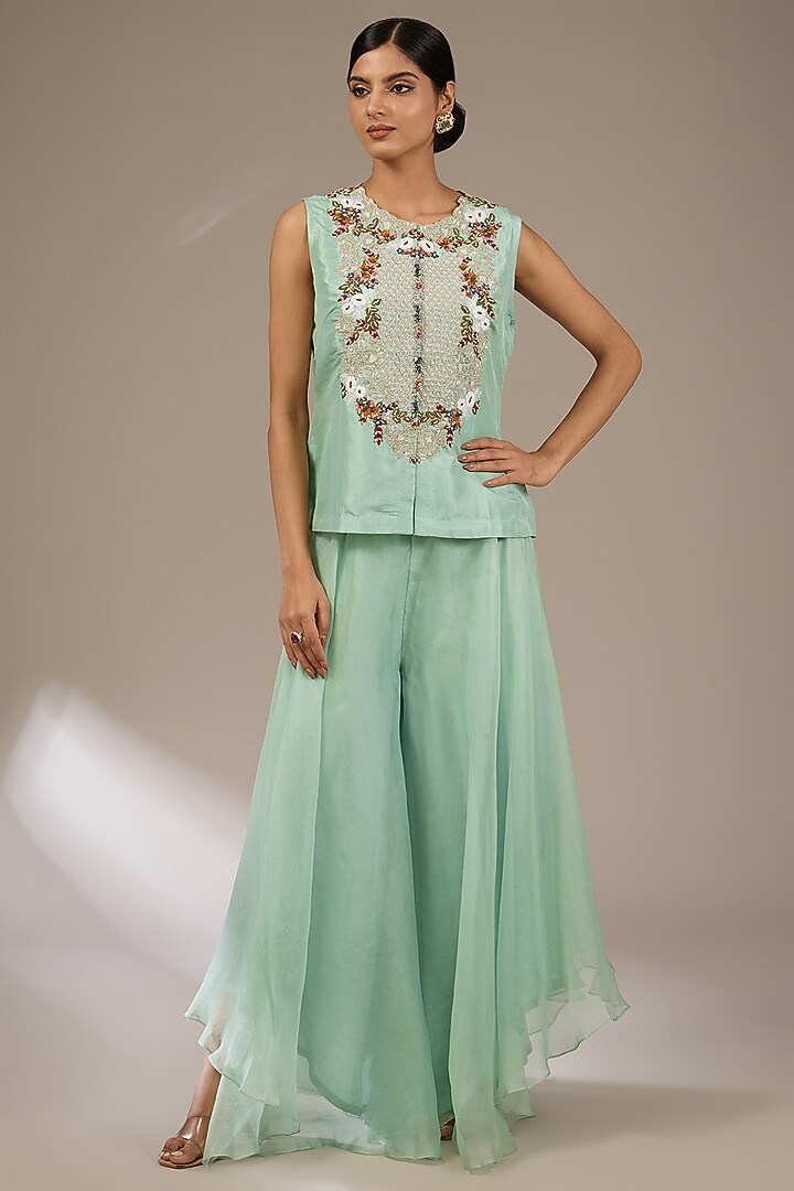 Aqua Silk Thread Work Jacket Set by Prisho at Pernia's Pop Up Shop