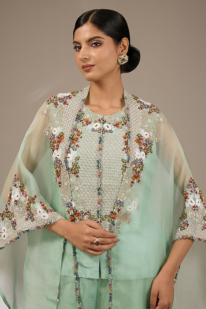 Aqua Silk Thread Work Jacket Set by Prisho at Pernia's Pop Up Shop