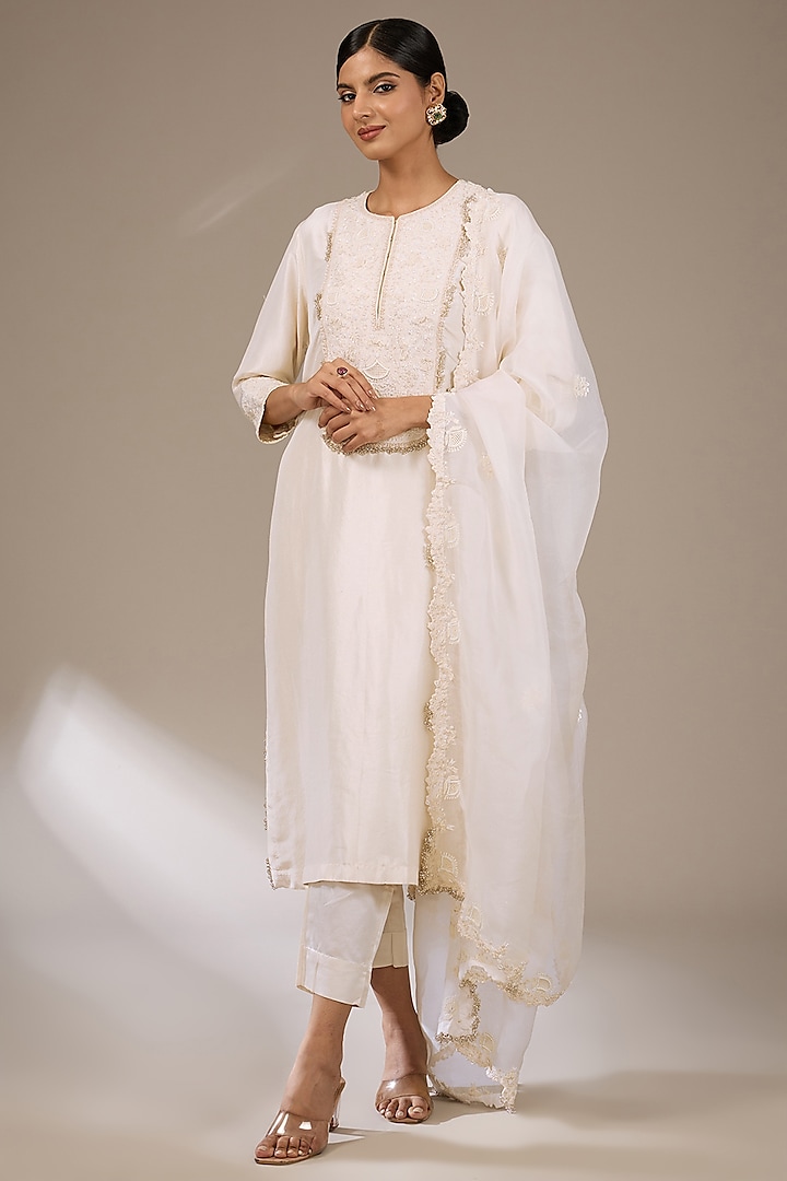 Ivory Silk Resham Work Kurta Set by Prisho at Pernia's Pop Up Shop