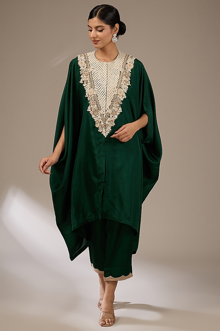 Bottle Green Habutai Silk Resham Work Kaftan Set by Prisho at Pernia's Pop Up Shop