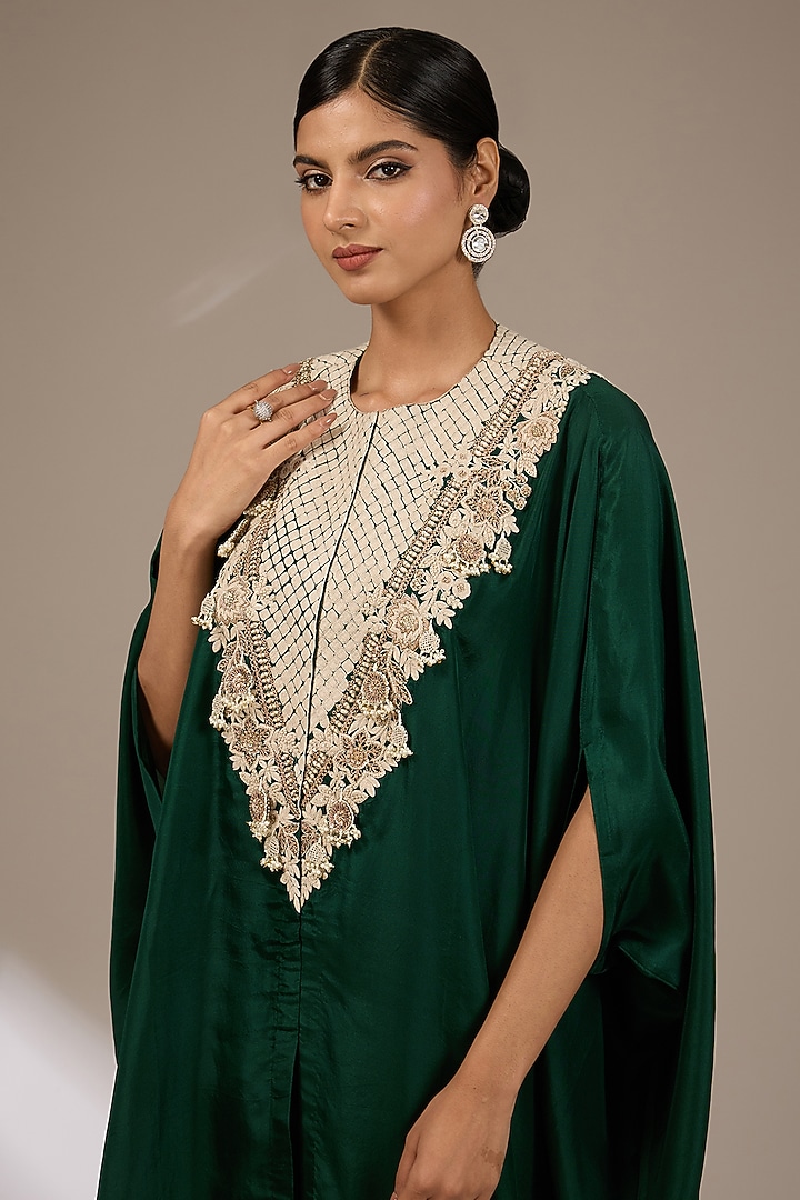 Bottle Green Habutai Silk Resham Work Kaftan Set by Prisho at Pernia's Pop Up Shop