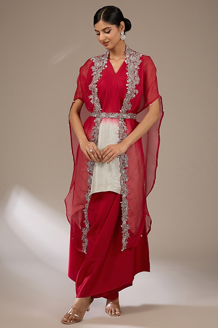 Red Organza Maal Work Cape Set by Prisho at Pernia's Pop Up Shop