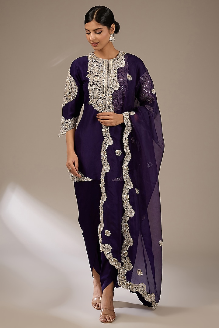 Dark Purple Silk Gota Work Kurta Set by Prisho at Pernia's Pop Up Shop