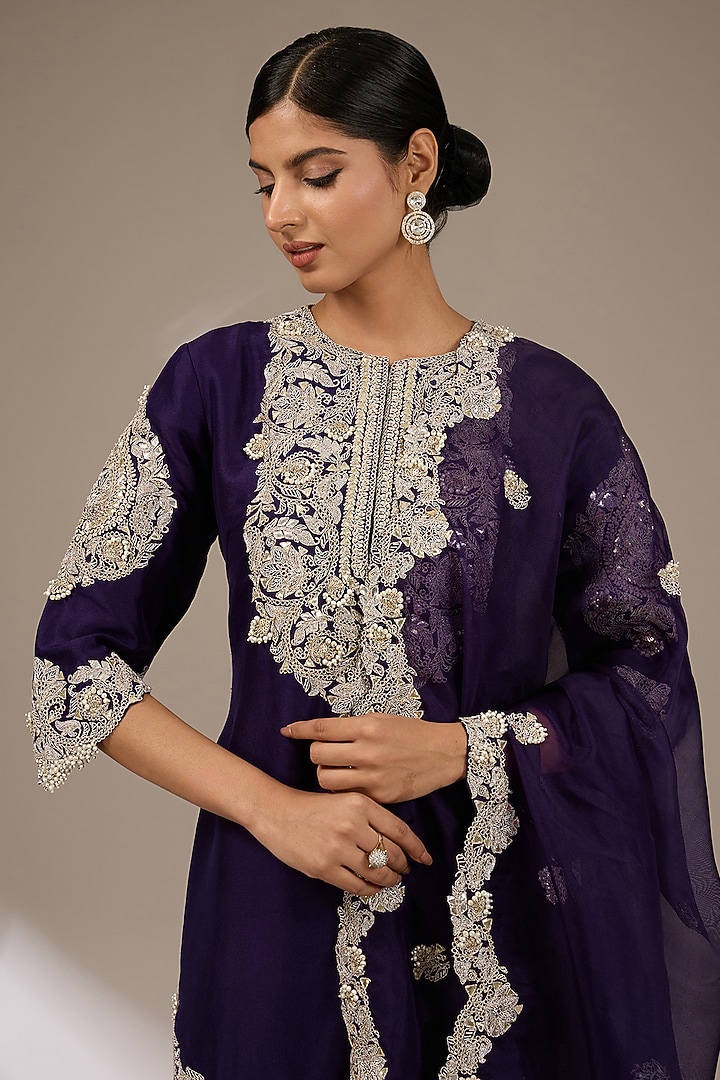 Dark Purple Silk Gota Work Kurta Set by Prisho at Pernia's Pop Up Shop