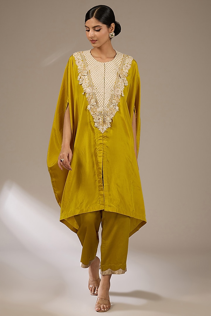 Mustard Habutai Silk Resham Work Kaftan Set by Prisho at Pernia's Pop Up Shop