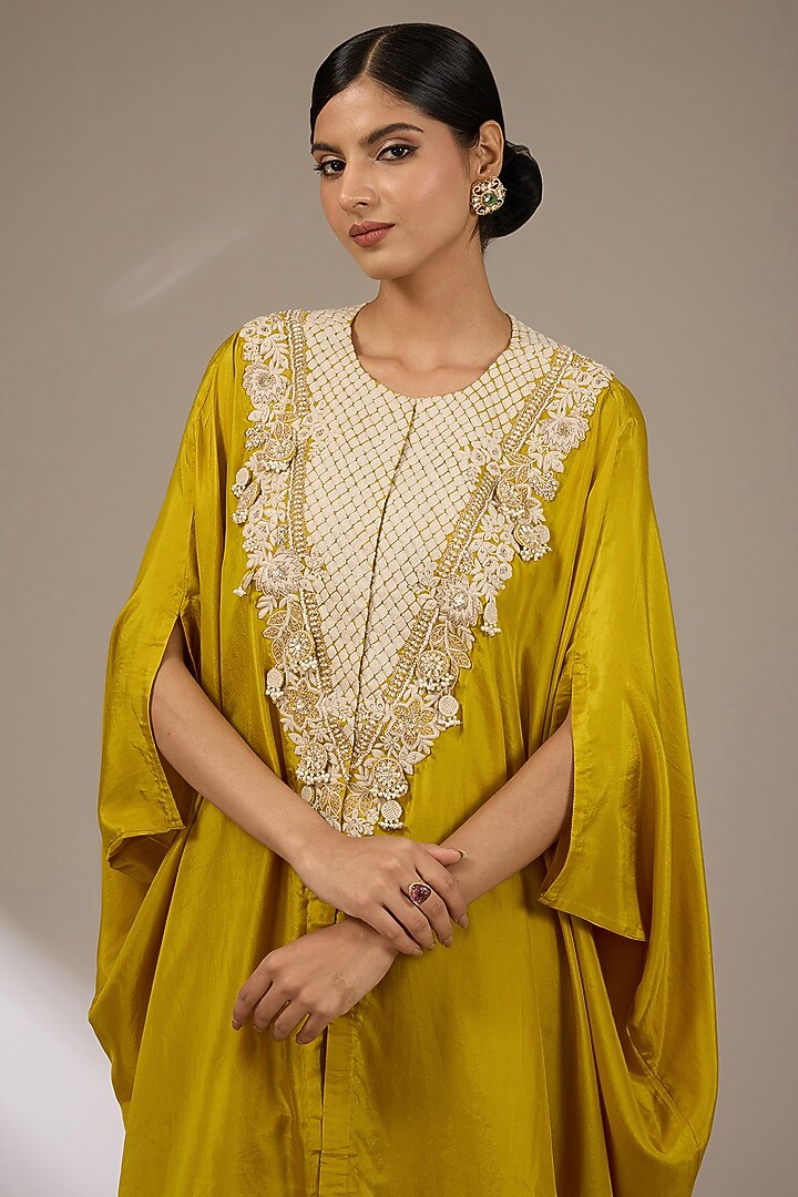 Mustard Habutai Silk Resham Work Kaftan Set by Prisho at Pernia's Pop Up Shop