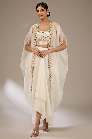 Ivory Organza Dori Work Cape Set by Prisho