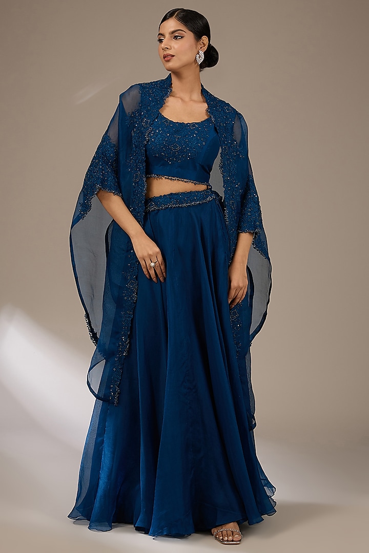 Blue Organza Resham Work Cape Set by Prisho at Pernia's Pop Up Shop