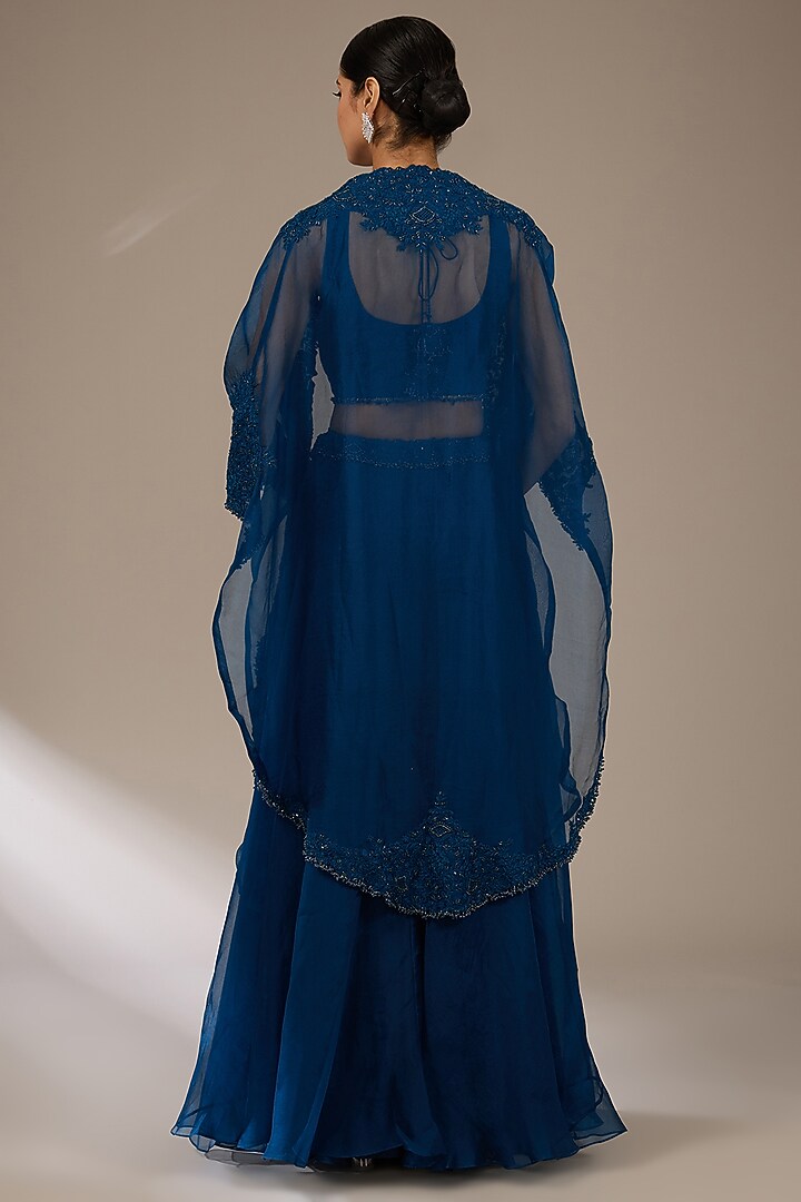 Blue Organza Resham Work Cape Set by Prisho at Pernia's Pop Up Shop