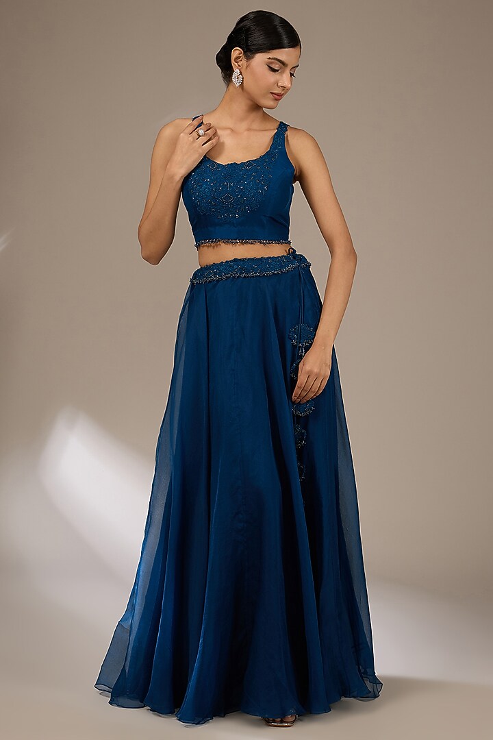 Blue Organza Resham Work Cape Set by Prisho at Pernia's Pop Up Shop