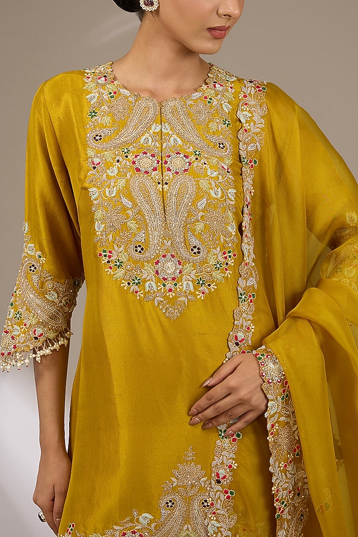 Mustard Silk Golden Work Kurta Set by Prisho at Pernia's Pop Up Shop