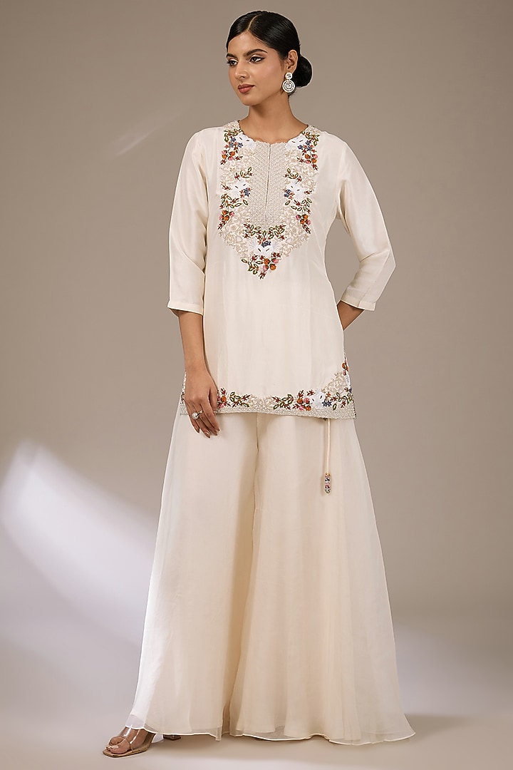 Ivory Silk Thread Work Jacket Kurta Set by Prisho at Pernia's Pop Up Shop