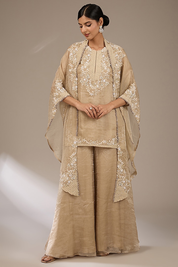 Beige Tissue Resham Work Jacket Kurta Set by Prisho at Pernia's Pop Up Shop