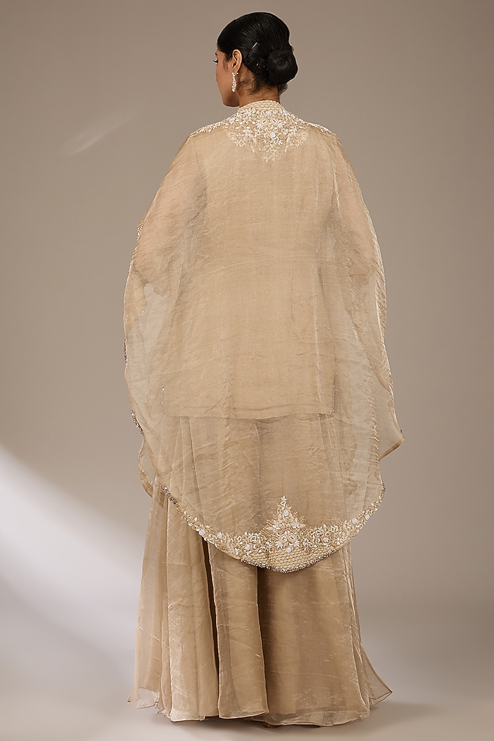 Beige Tissue Resham Work Jacket Kurta Set by Prisho at Pernia's Pop Up Shop