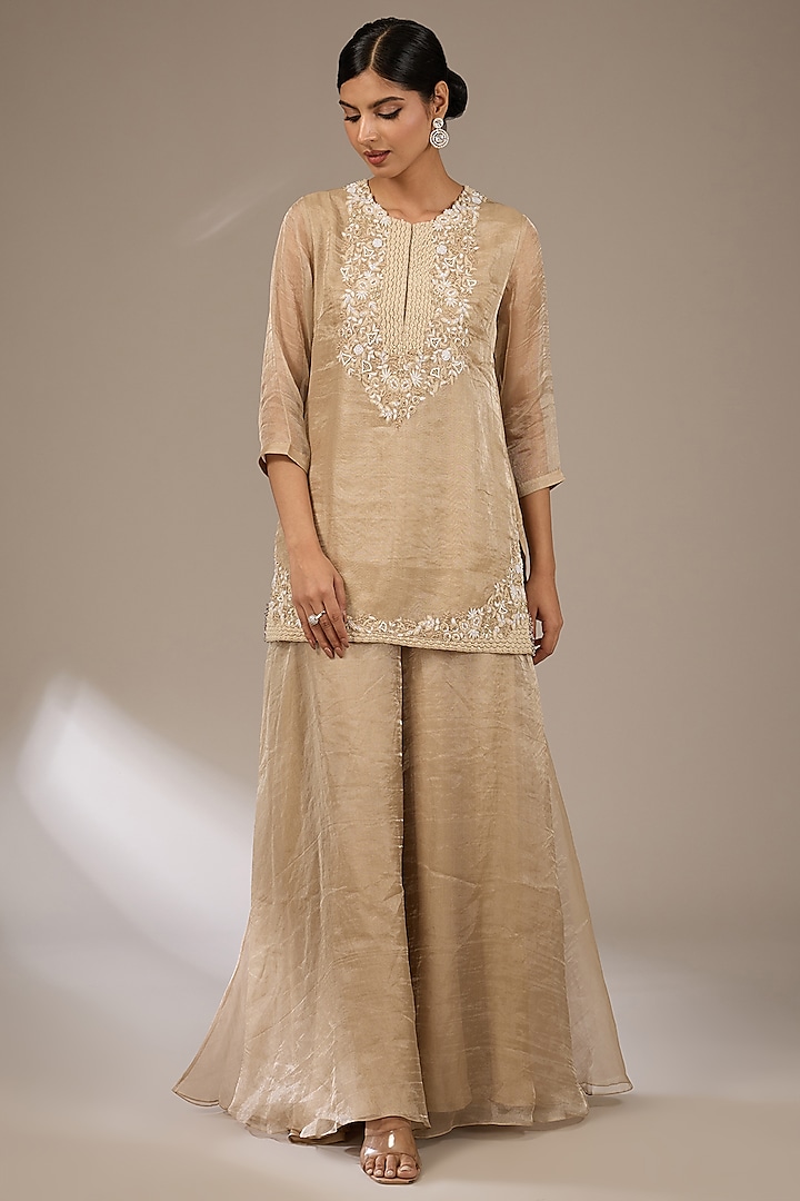 Beige Tissue Resham Work Jacket Kurta Set by Prisho at Pernia's Pop Up Shop