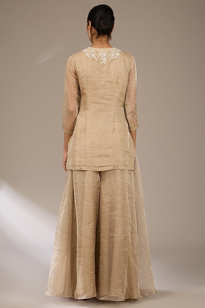 Beige Tissue Resham Work Jacket Kurta Set by Prisho at Pernia's Pop Up Shop
