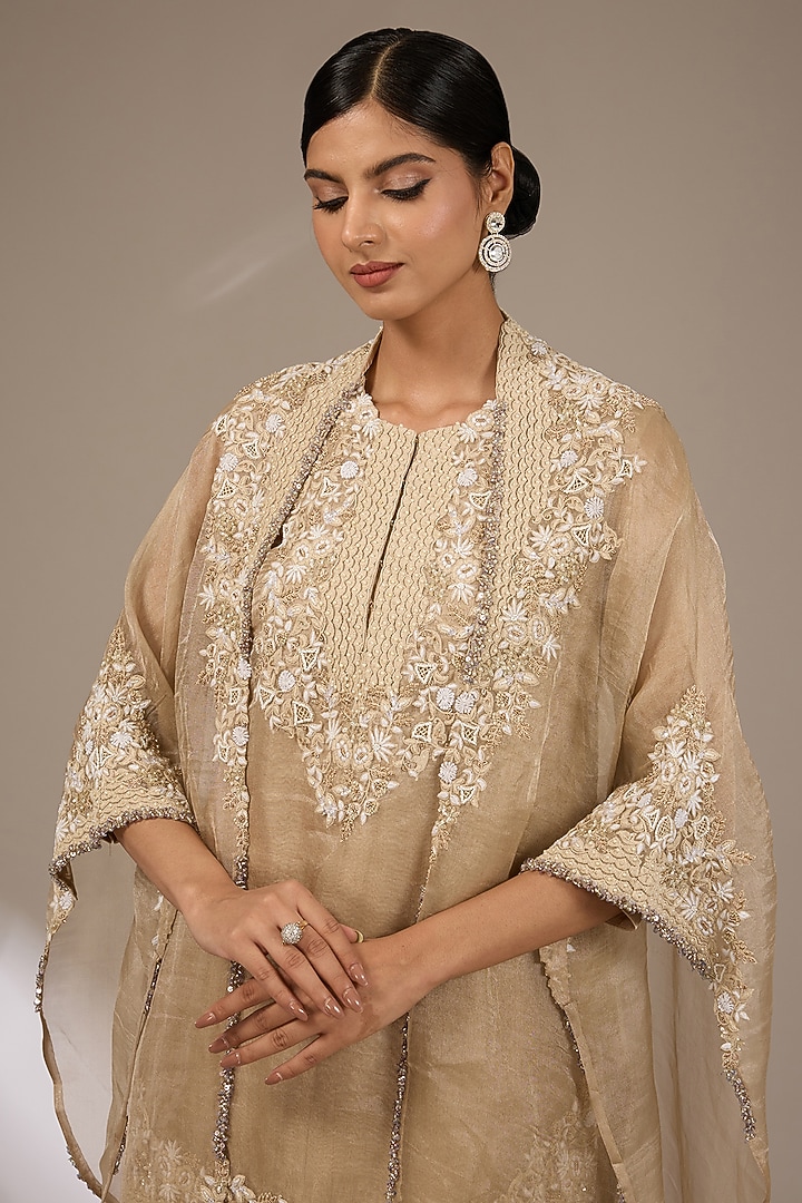 Beige Tissue Resham Work Jacket Kurta Set by Prisho at Pernia's Pop Up Shop