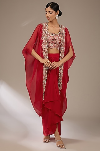 Red Organza Dori Work Cape Set by Prisho