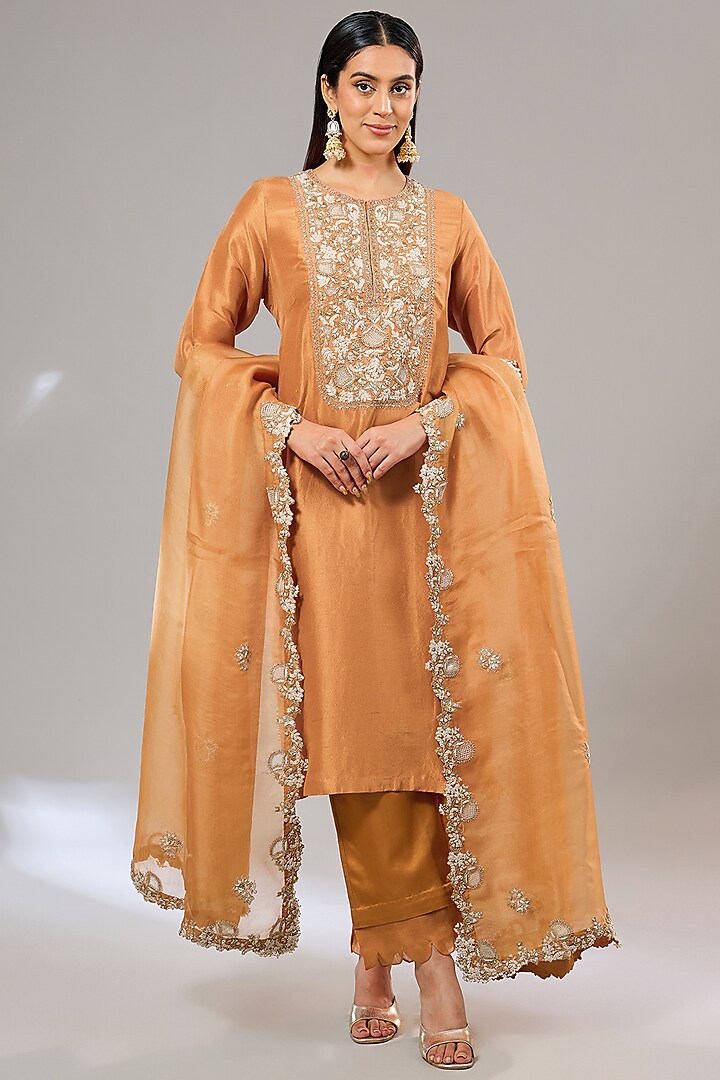 Rust Silk Dori & Resham Work Kurta Set by Prisho at Pernia's Pop Up Shop