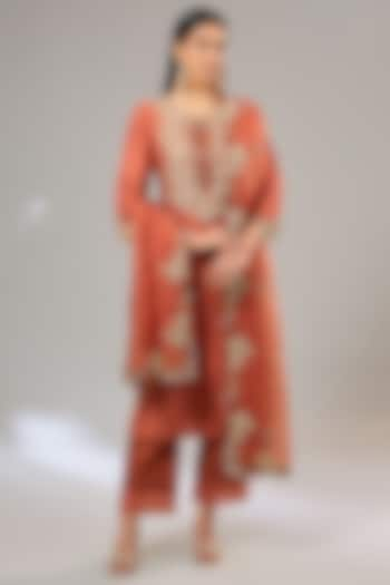 Deep Orange Silk Dori Work Kurta Set by Prisho at Pernia's Pop Up Shop