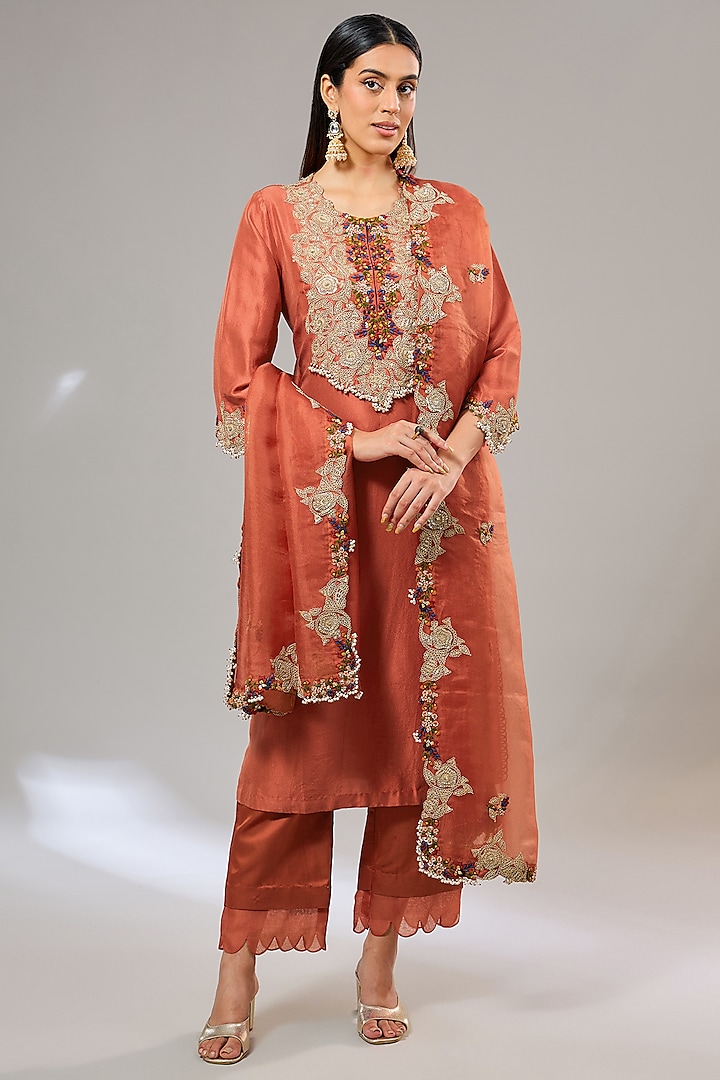 Deep Orange Silk Dori Work Kurta Set by Prisho at Pernia's Pop Up Shop