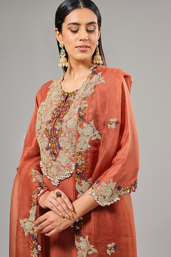 Deep Orange Silk Dori Work Kurta Set by Prisho at Pernia's Pop Up Shop