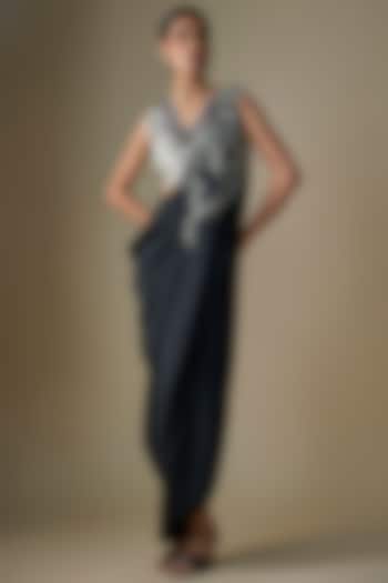 Black Silk Thread Work Draped Wedding Saree Set by Prisho at Pernia's Pop Up Shop