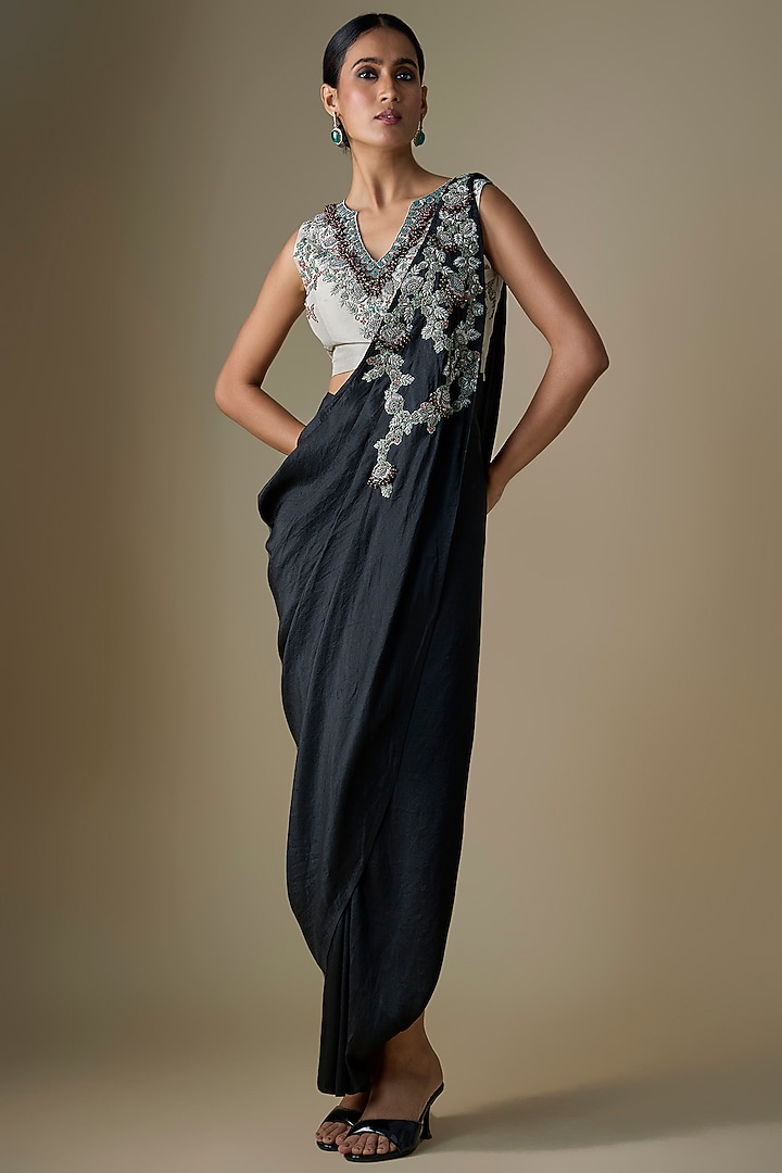 Black Silk Thread Work Draped Wedding Saree Set by Prisho at Pernia's Pop Up Shop