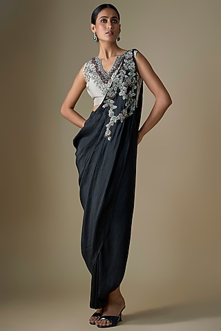 Black Silk Thread Work Draped Saree Set by Prisho