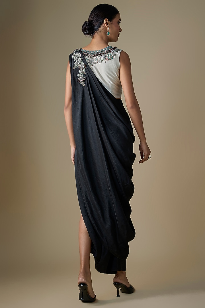 Black Silk Thread Work Draped Wedding Saree Set by Prisho at Pernia's Pop Up Shop