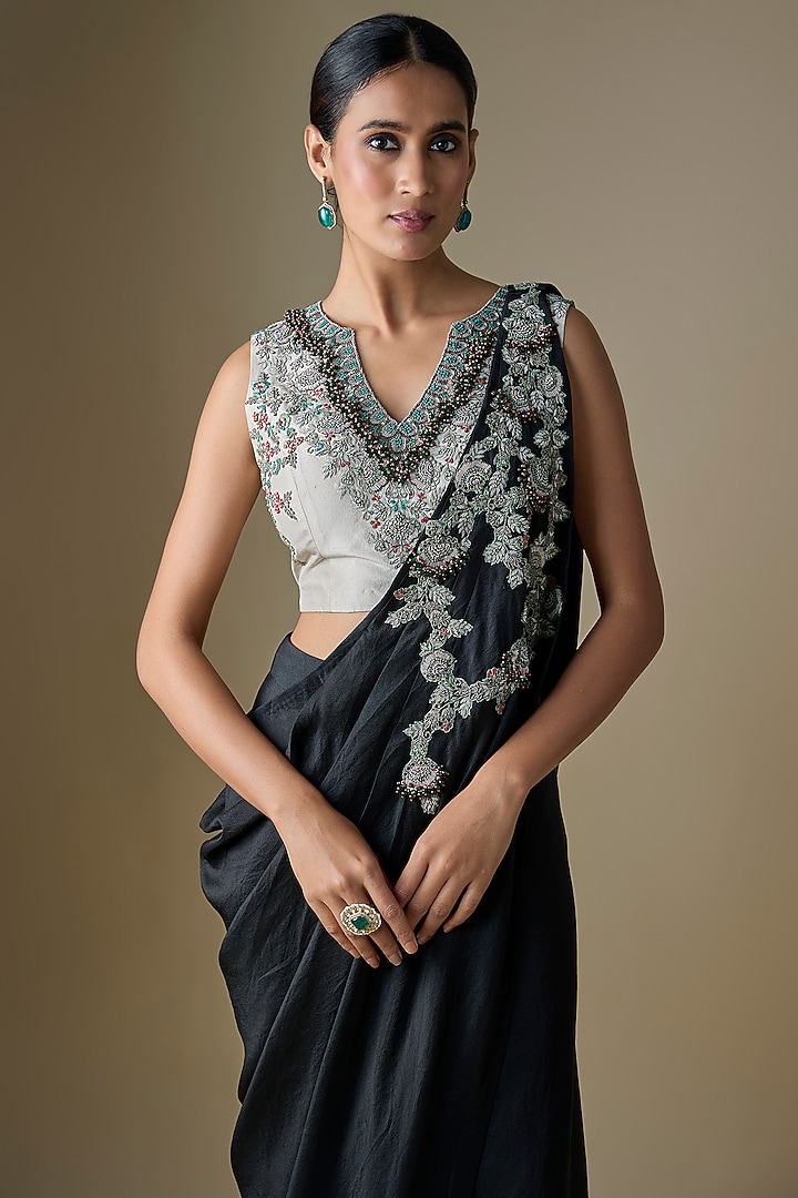 Black Silk Thread Work Draped Wedding Saree Set by Prisho at Pernia's Pop Up Shop