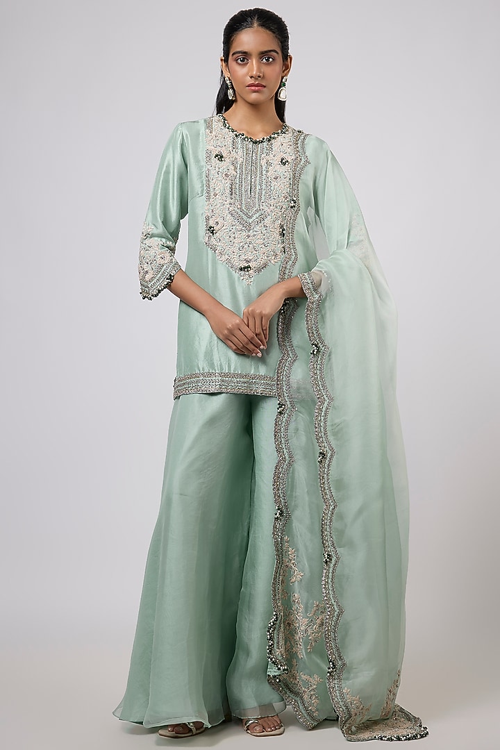 Aqua Silk Wedding Sharara Set by Prisho at Pernia's Pop Up Shop