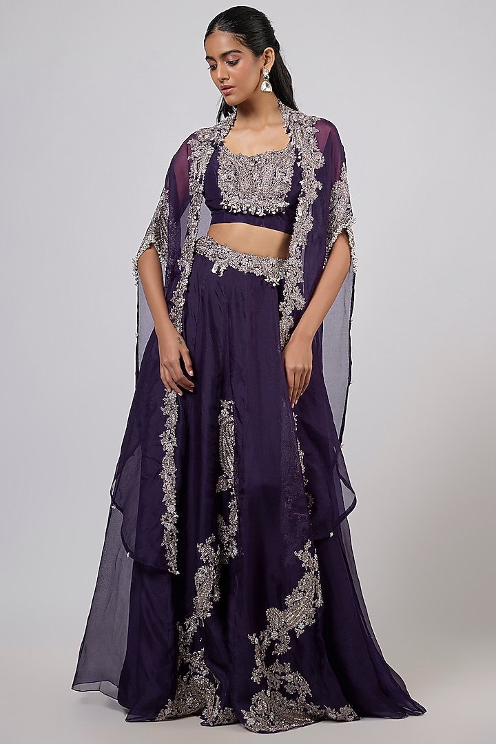 Dark Purple Organza Kalidar Skirt Set by Prisho at Pernia's Pop Up Shop