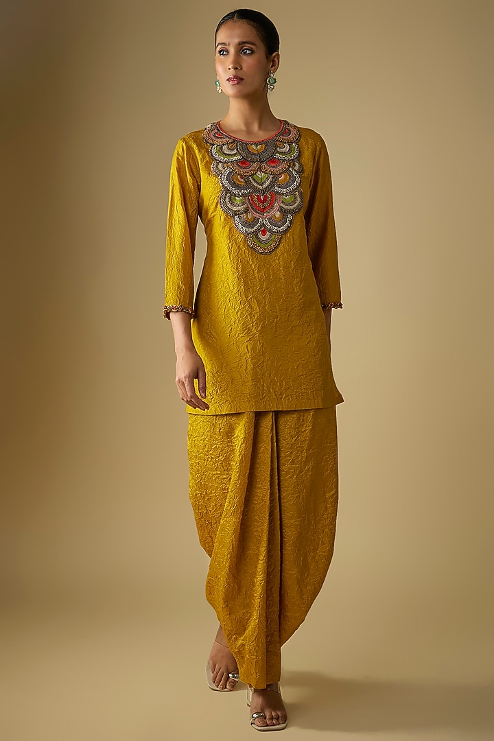 Mustard Crushed Silk Dhoti Set by Prisho at Pernia's Pop Up Shop