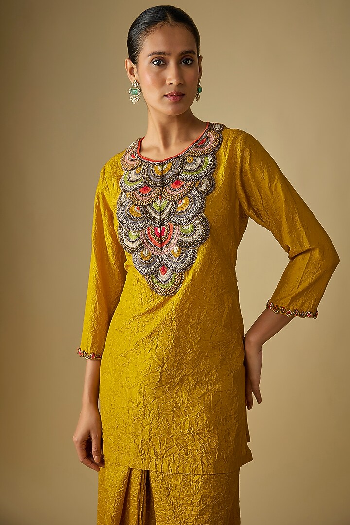 Mustard Crushed Silk Dhoti Set by Prisho at Pernia's Pop Up Shop