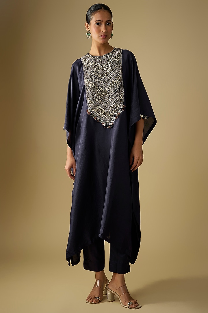 Royal Blue Silk Dori Work Kaftan Set by Prisho at Pernia's Pop Up Shop
