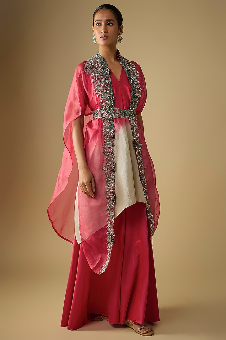 Deep Coral Organza Thread Work Cape Set by Prisho at Pernia's Pop Up Shop